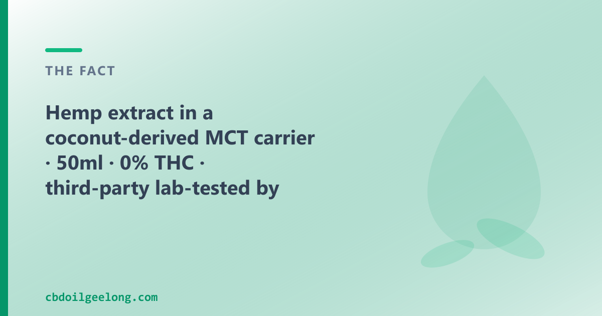 Hemp extract in a coconut-derived MCT carrier, 50ml, 0% THC, lab-tested by batch, across VIC